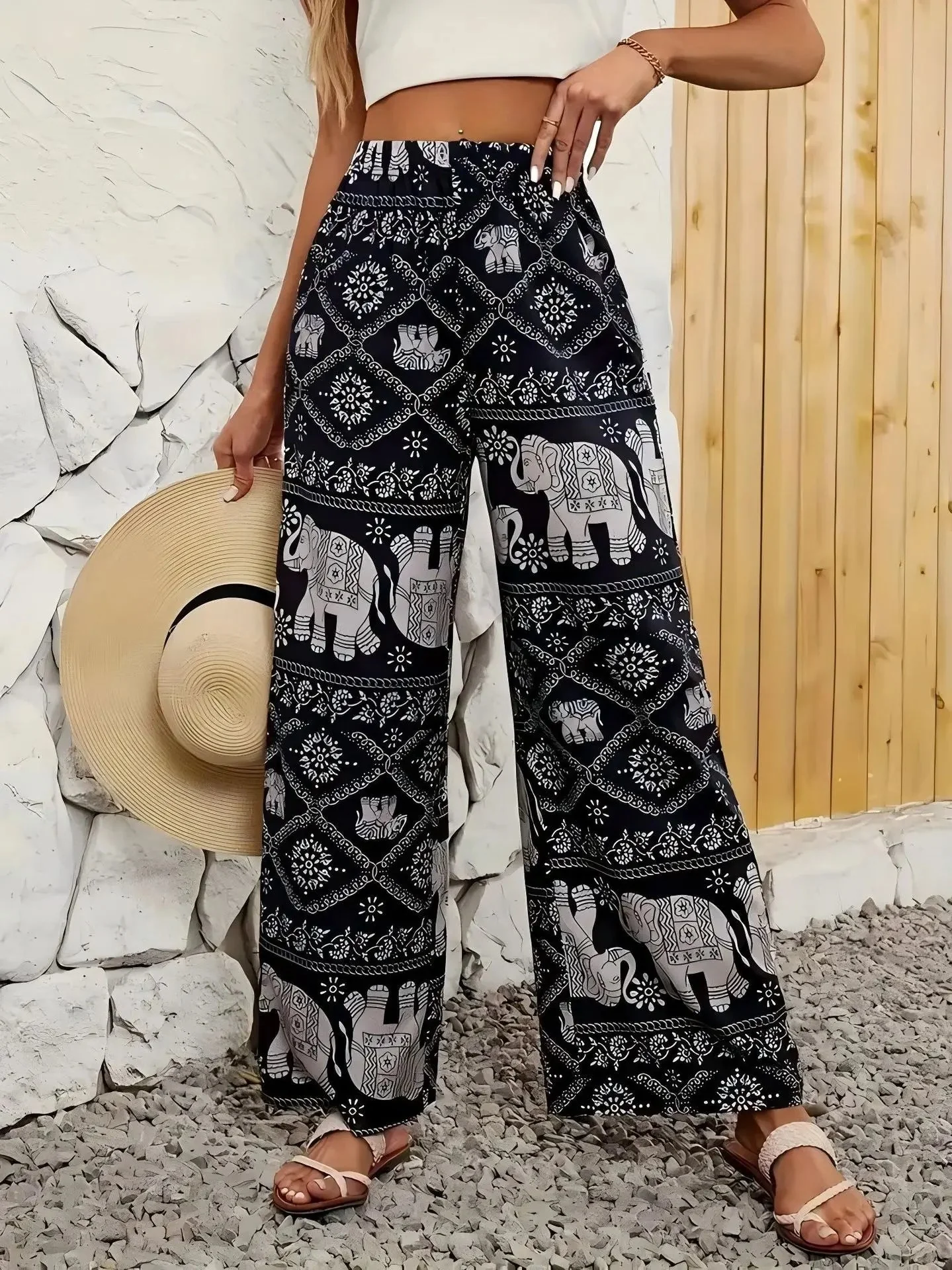 Pantalon à jambes larges imprimé éléphant de Thaïlande pour femmes – Image 9