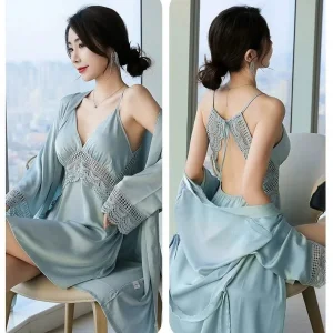 Peignoir Kimono en Satin et Dentelle pour Femme