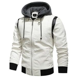 Veste en Cuir avec Capuche – Blanc