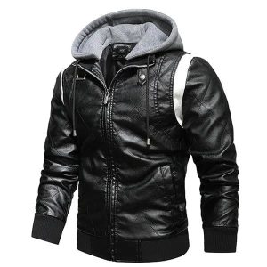 Veste en Cuir avec Capuche – Noir